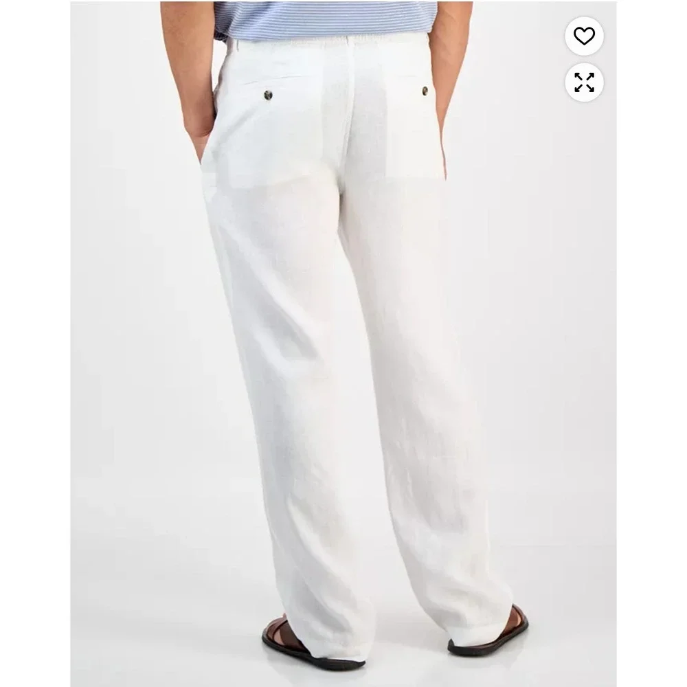 Club Room Luxury Mens XXL White 100% Linen Drawstring Elastic Waist Pants